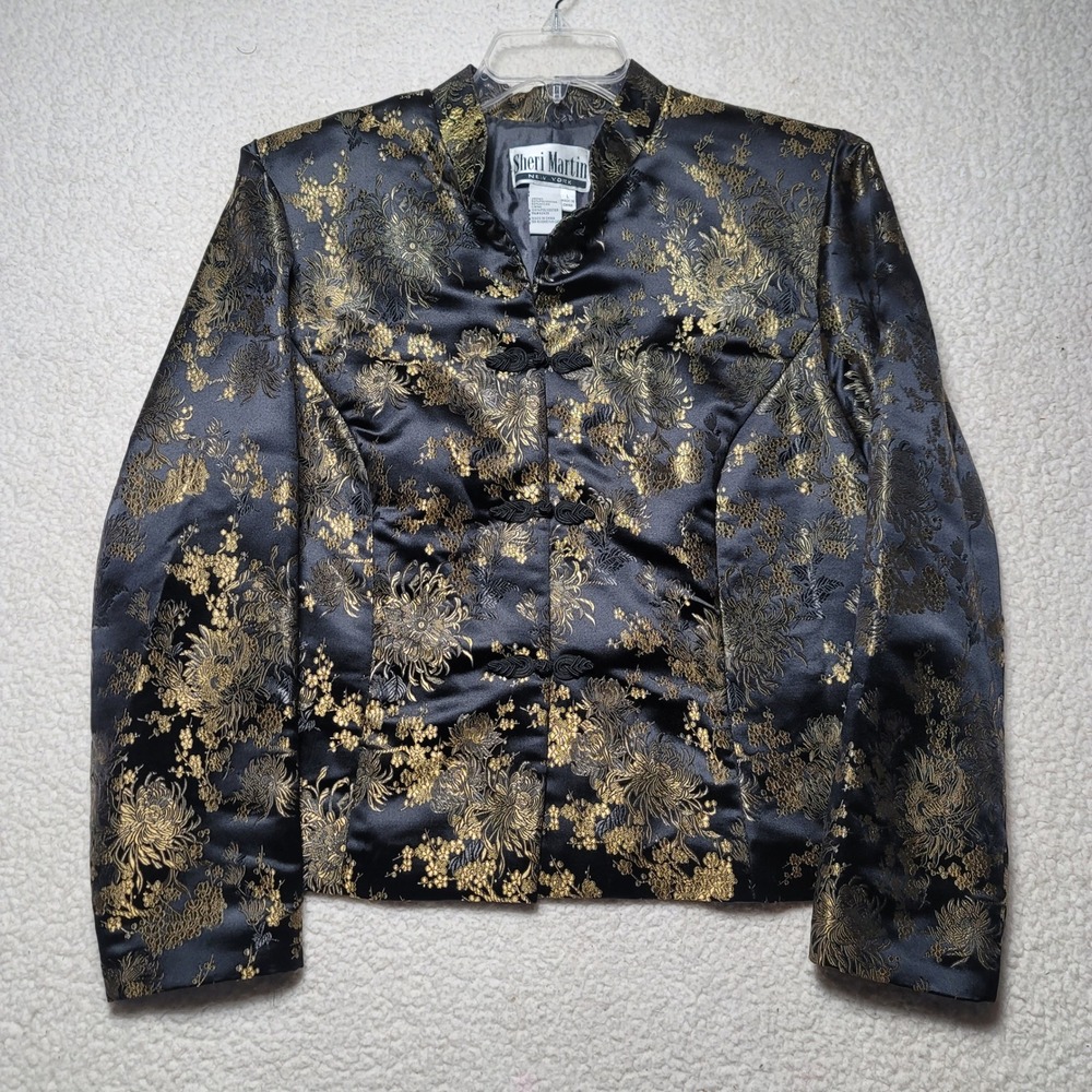 Sheri Martin New York Gold Floral Jacquard Mandarin Jacket Frog Closures Large